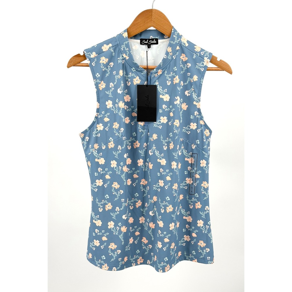 Bad Birdie Blade Golf Polo Women L Blue Floral Sleeveless Quarter Zip NWT